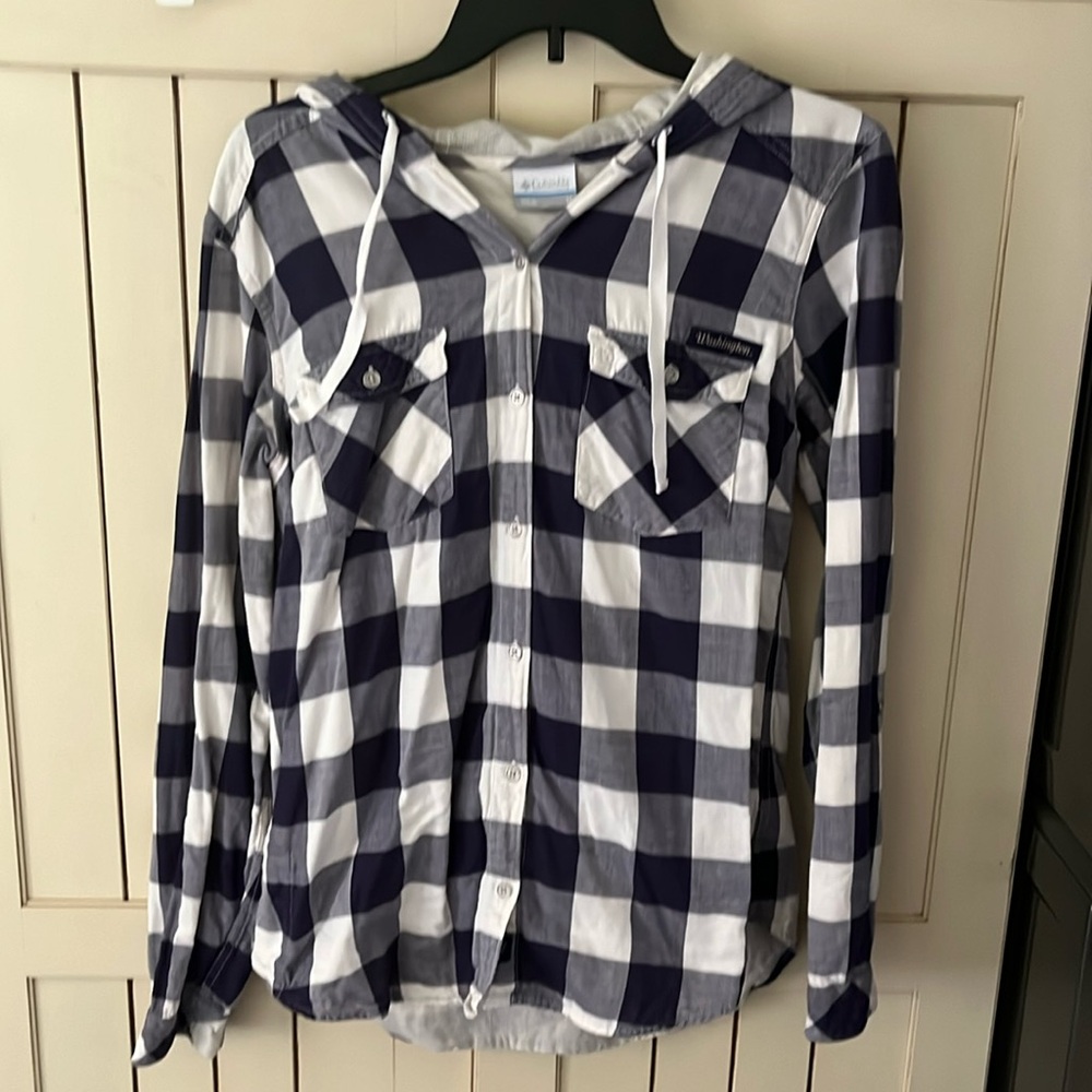 Gently worn University of Washington purple and white plaid hoodie.